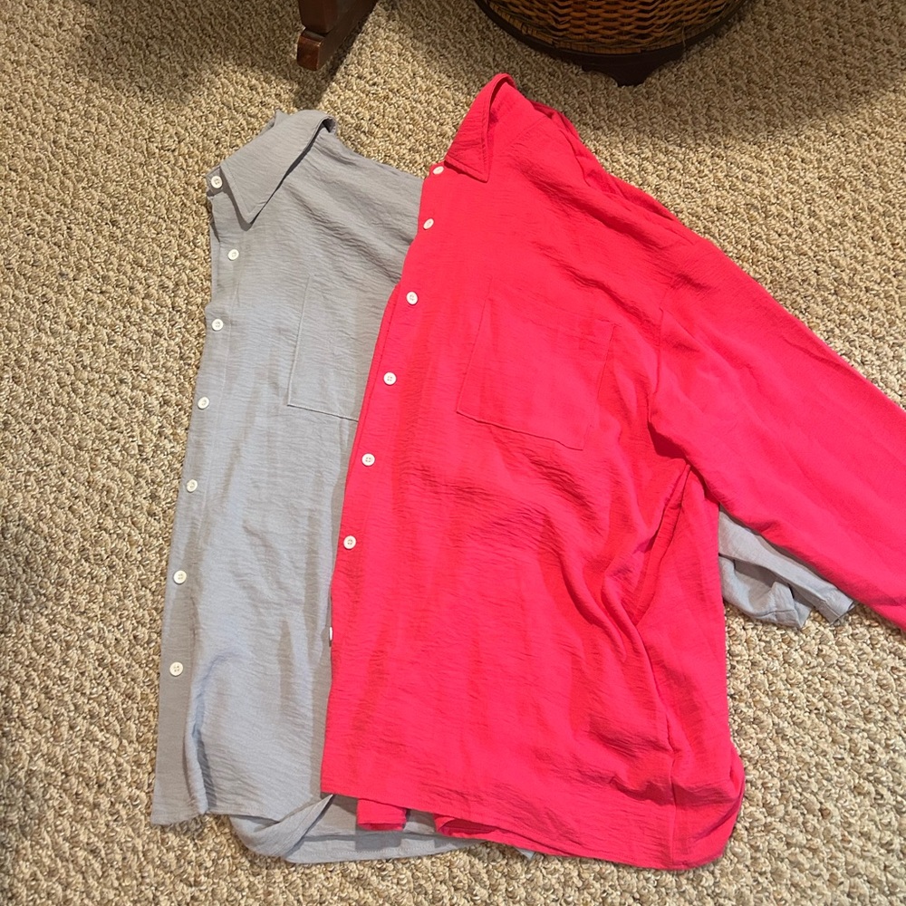 Pink and Gray Button-Up Shirt and Shorts Set - Picture 2 of 5